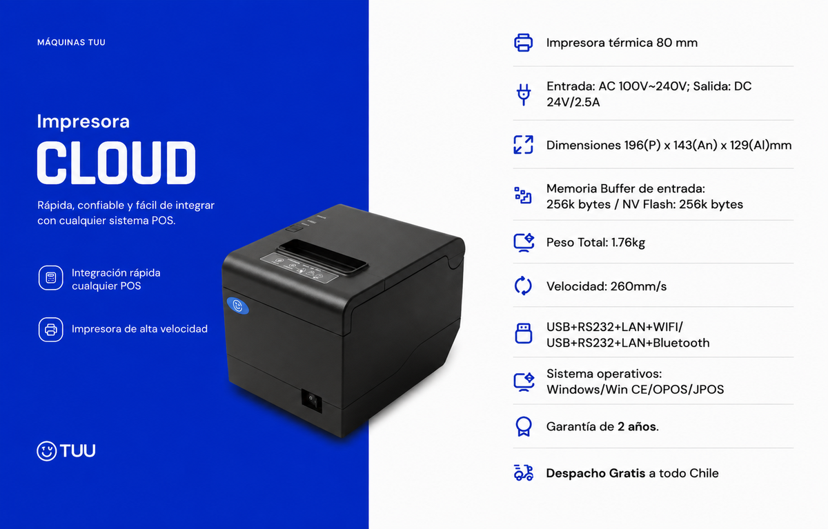 Impresora Térmica TUU Cloud 80mm para Boletas y Comandas | Haulmer